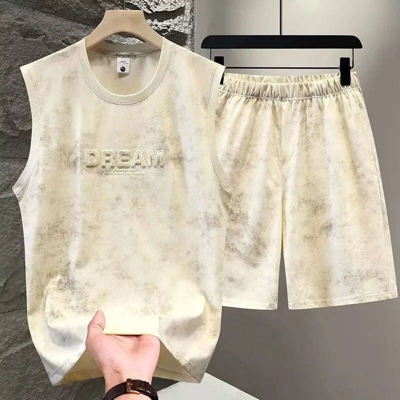American Tie Dye Vest Sets Men's Two Piece Sleeveless Thin Foaming Print T-Shirts + Shorts Sets Korean Streetwear Tracksuit Man