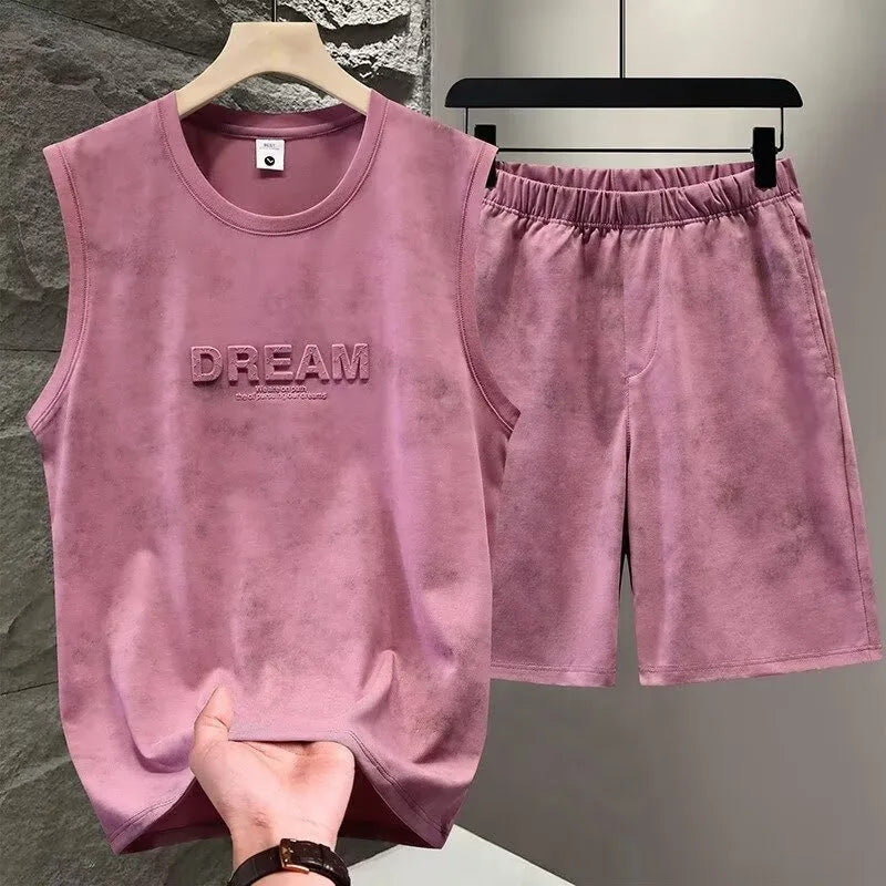 American Tie Dye Vest Sets Men's Two Piece Sleeveless Thin Foaming Print T-Shirts + Shorts Sets Korean Streetwear Tracksuit Man