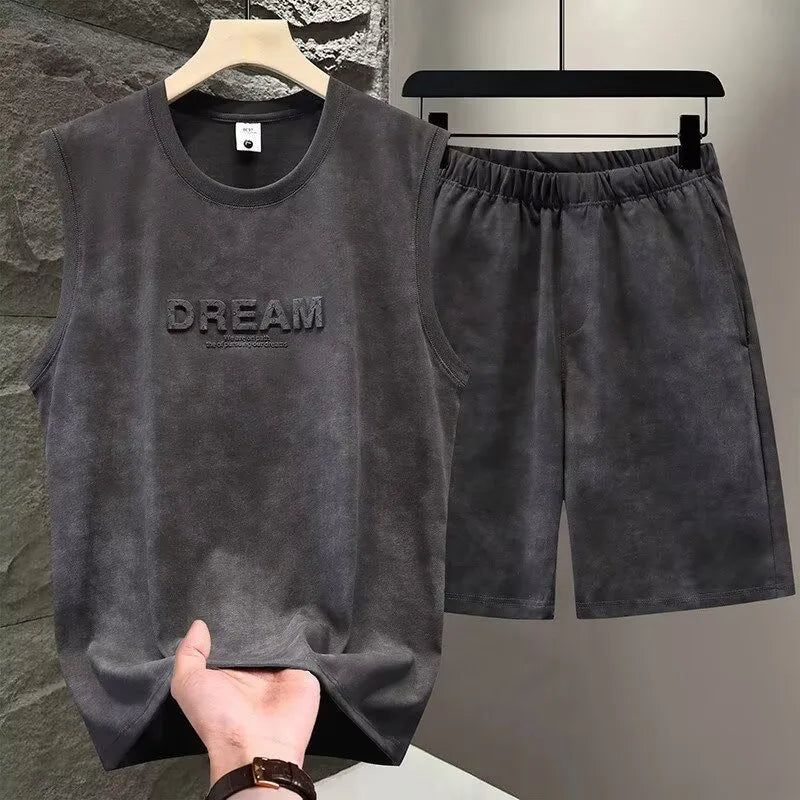 American Tie Dye Vest Sets Men's Two Piece Sleeveless Thin Foaming Print T-Shirts + Shorts Sets Korean Streetwear Tracksuit Man