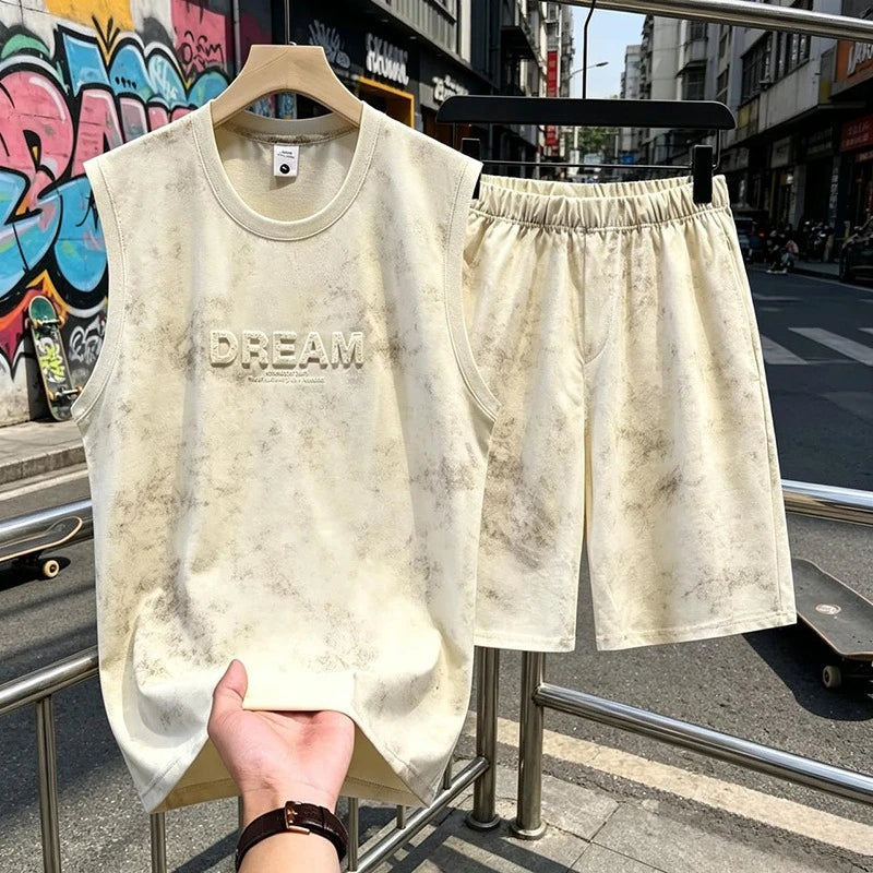American Tie Dye Vest Sets Men's Two Piece Sleeveless Thin Foaming Print T-Shirts + Shorts Sets Korean Streetwear Tracksuit Man
